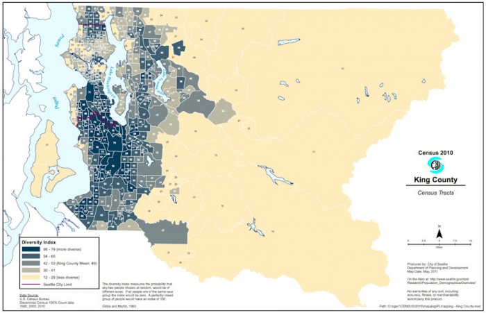 A map shows high levels of diversity in western King County, especially outside Seattle's city limits to the South, with a few predominantly white neighborhoods clustered around the Ship Canal and Puget Sound waterfront. (Map by City of Seattle)