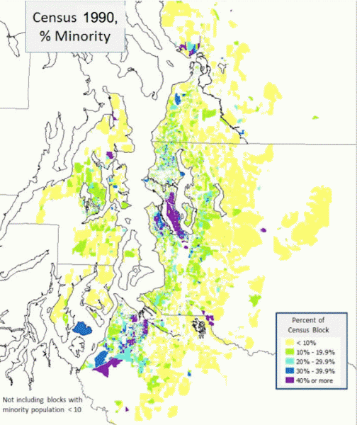 Blue and purple areas show growing minority populations in western King County since 1990. (Maps by Chandler Felt for King County)