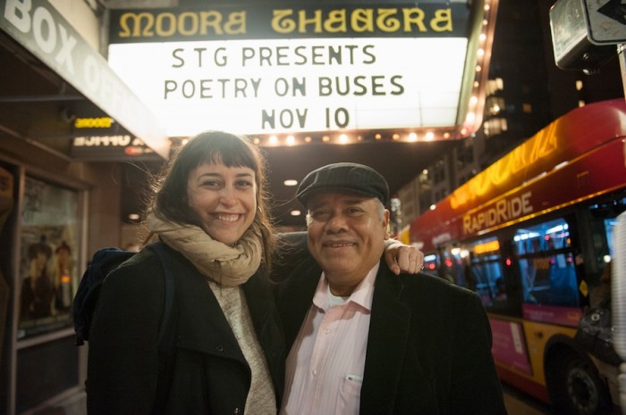 The author with a fellow poet Victor Fuentes, outside the Moore Theatre. (Photo by Timothy Aguero)