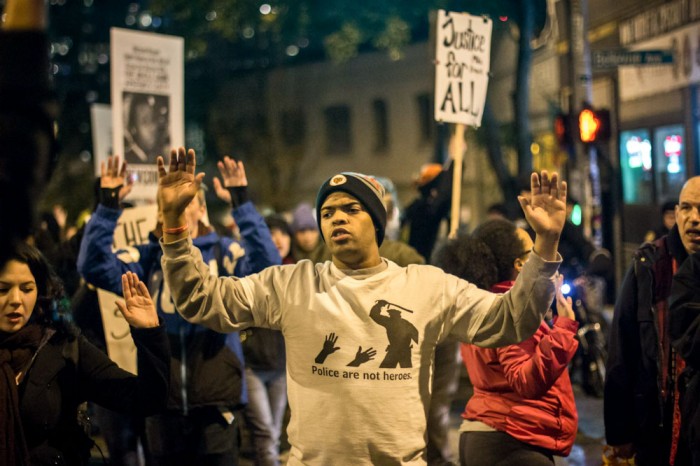 Protests at Westlake Park on November 24th, the day the grand jury handed down the decision not to indict Officer Darren Wilson for the shooting of Michael Brown. (Photo by Jama Abdirahman)