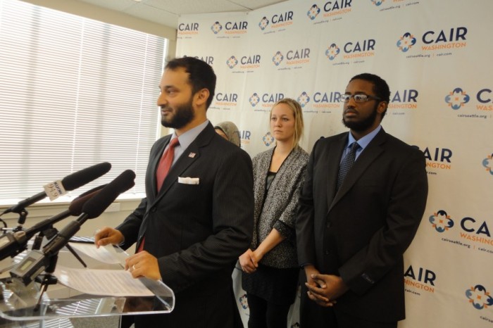 Arsalan Bukhari, executive director of CAIR-WA, calls for an FBI investigation of a racially-charged assault against a Muslim cab driver. (Photo courtesy CAIR-WA.)