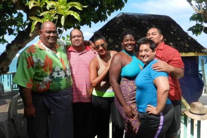Evita Robinson, center, with Nomadness travelers and their local host in Apia, Samoa. (Photo courtesy Nomadness)