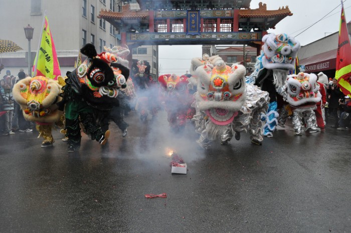 Lion dancers help celebrate Chinese New Year in Seattle's International District in 2011. (Photo by Joe Mabel, used with Creative Commons license.)