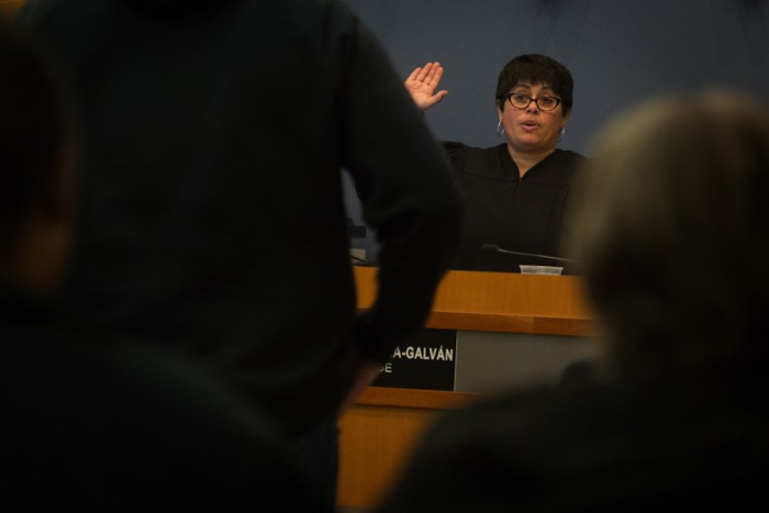 Judge Veronica Alicea Galván presides over the Des Moines Municipal Court last week. She was recently appointed to the King County Superior Court. (Photo by Ellen Banner / The Seattle Times)