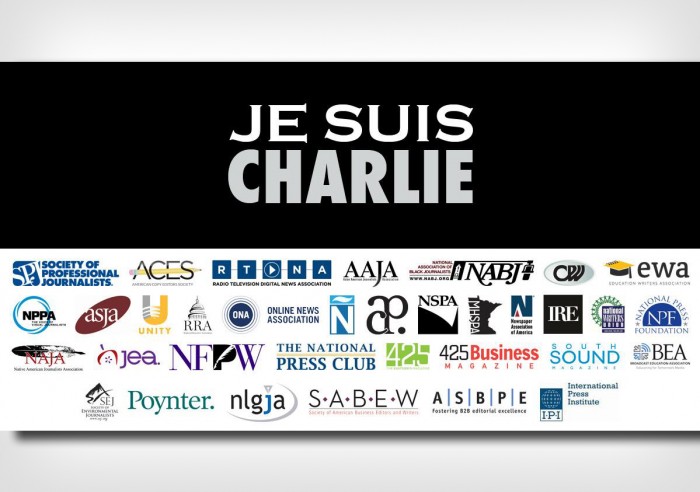 The Society of Professional Journalists assembled a graphic showing its support of a satirical newspaper in Paris where 12 people were gunned down. (Graphic courtesy Society of Professional Journalists.)