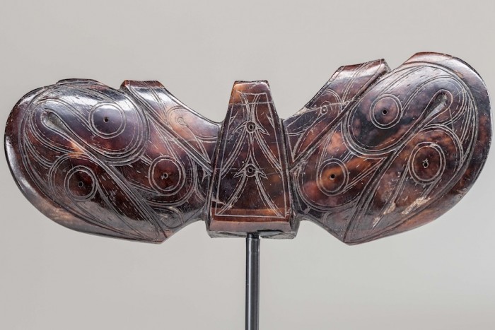 Harpoon counterweight (Winged object), 5th–9th century Old Bering Sea III culture, Bering Strait region, Alaska Walrus ivory 2 × 7 1/2 × 1/2 in. Diker no. 731  Courtesy of American Federation of Arts