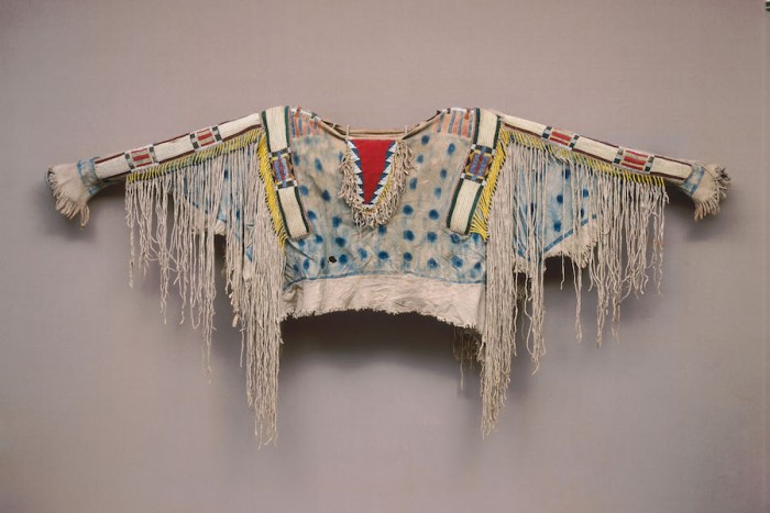 Man's shirt, ca. 1850, Niimiipu (Nez Perce), Oregon or Idaho, Hide, porcupine quills, horsehair, wool, glass beads, pigment, 32 11/16 × 60 2/3 in., Diker no. 666 Courtesy of American Federation of Arts