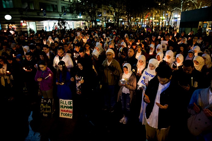 Hundreds at a vigil in Westlake Park in honor of three Muslim students who were killed in a shooting in Chapel Hill in February. (Photo by Alex Garland.)