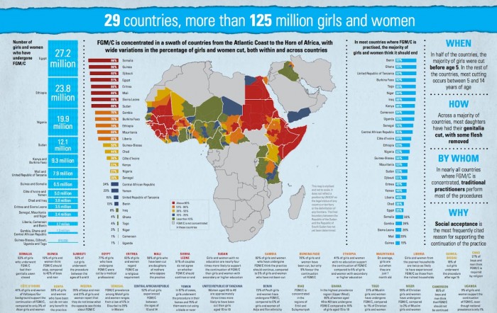 An infographic produced by UNICEF shows the prevalence of FGM in a swath across Africa and the Middle East. (click to enlarge)