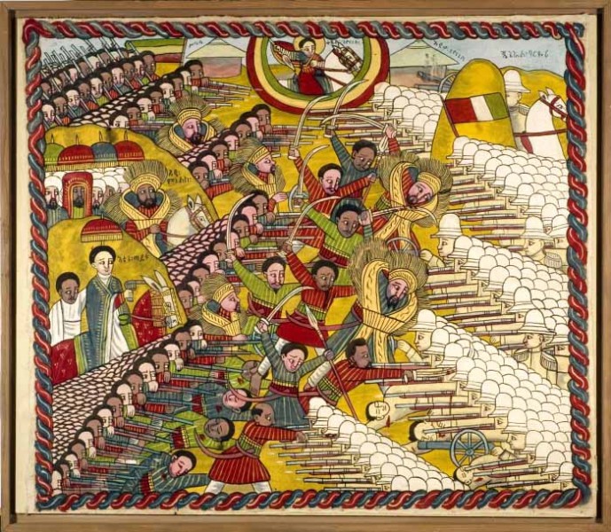 An Ethiopian painting depicting the battle of Adwa, when an Ethiopian army repelled Italian colonialist ambitions. (From the Tropenmuseum of the Royal Tropical Institute)