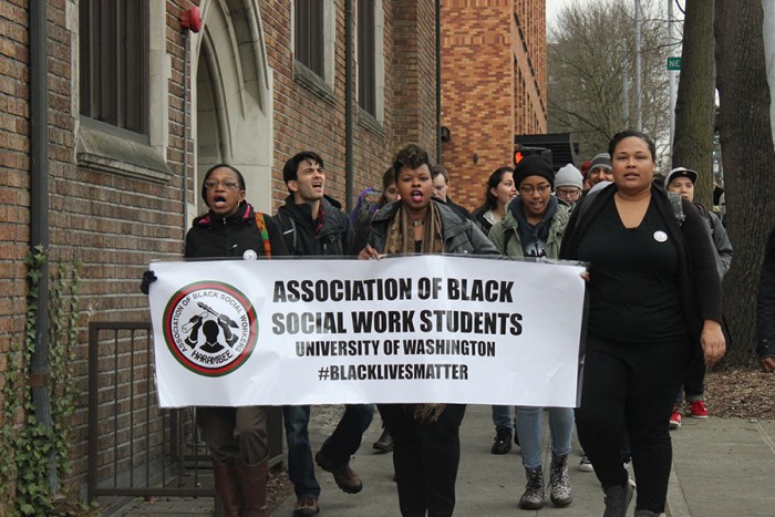 Social work students march at a Black Live Matter walkout at UW that drew hundreds. (Photo by Ashley Walls.)