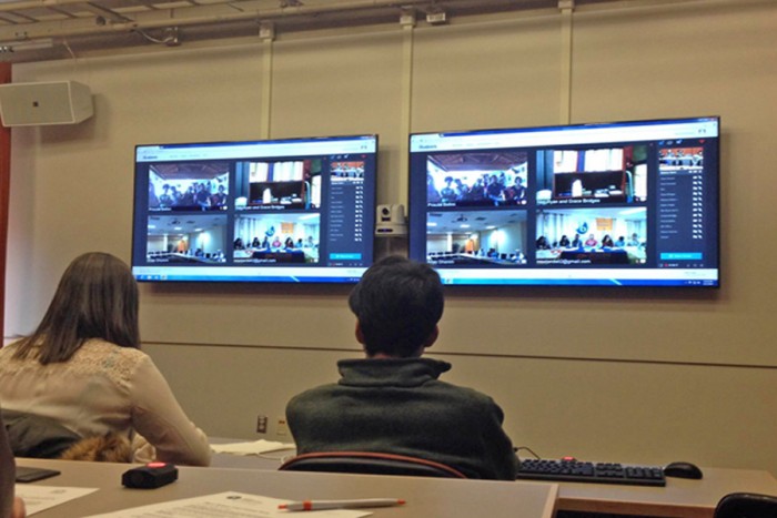The video chat setup that allowed Seattle students share their stories with Brazil and beyond. (Photo by Megan Herndon)