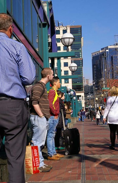 Passengers wait in line for a BoltBus to Portland outside of the International Station in Seattle (Photo by Holly Thorpe)