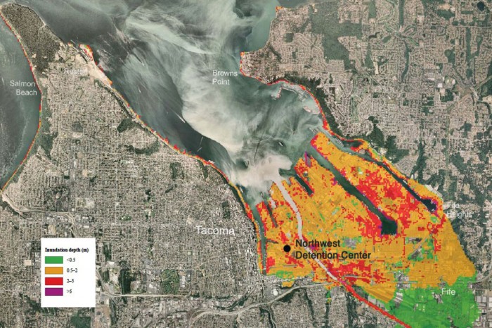 A model showing inundation by a tsunami that would be generated by an 7.3 earthquake on the Seattle fault, which could put the Northwest Detention Center under more than six feet of water. (Map from NOAA and the Washington Dept. of Natural Resources, edited to show NWDC location)
