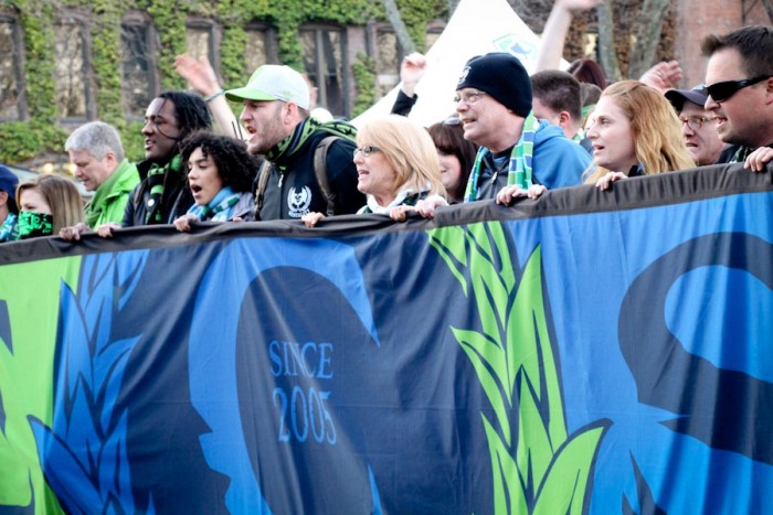 Emerald City Supporters lead the "March to the Match" from Pioneer Square to CenturyLink Field at last Sunday's home opener. (Photo by Justice Magraw)