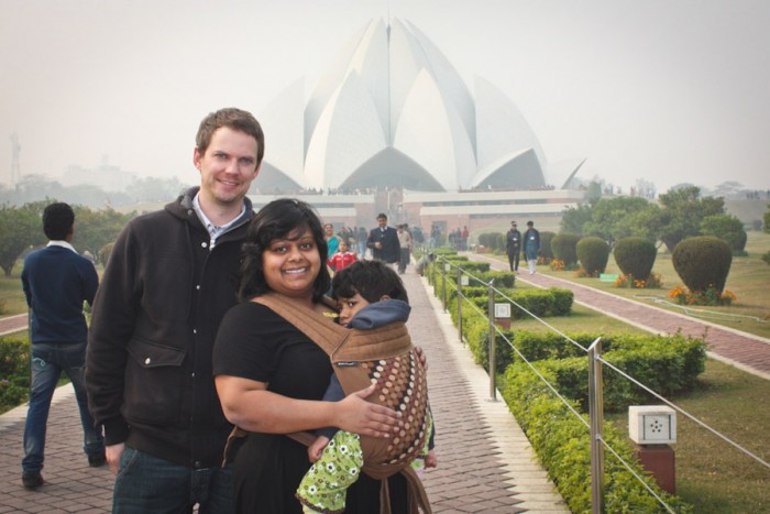 The author with her daughter Trisha and her husband Dave in front of the Baha'i temple in New Delhi. (Courtesy photo)