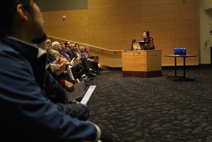 Grollmus speaks at a Holocaust remembrance event at UW in April. (Photo by Jennifer Karami)