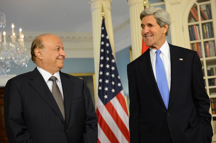 Yemeni president Abd Rabbuh Mansur Hadi with US Secretary of State John Kerry in 2013. The crisis in Yemen lead to Hadi's ouster, but a Saudi-led coalition wants to reinstate him. (Photo by US Dept. of State) 