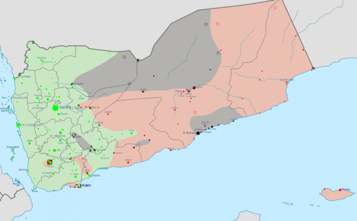 The crisis in Yemen as of April 17, 2015. Green represents territory controlled by Houthis and Saleh loyalists. Red represents territory Controlled by Hadi loyalists and the Southern Movement. Grey represents territory controlled by Al Qaeda in the Arabian Penninsula forces. (Photo courtesy of Wikipedia Commons)
