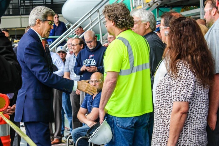 Secretary of State John Kerry greets workers at Boeing's Renton plant. He was at the plant to speak on the Trans-Pacific Partnership. (Photo by Venice Buhain.)