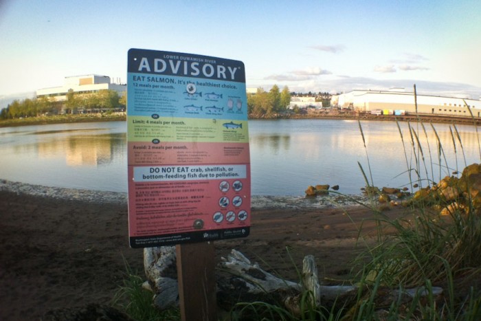 A sign at Duwamish Waterway Park warns in nine languages against eating most fish caught in the river. (Photo by Alex Stonehill)