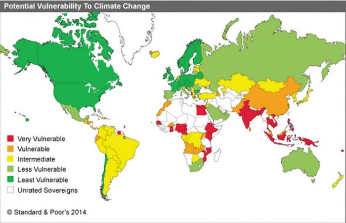 Poorer countries that have historically emitted the least carbon dioxide will be hit hardest by rising temperatures, because they lack the means to adapt. (Map by Standard & Poor's)