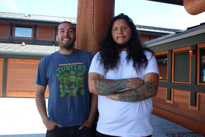 Left to right: Archie Cantrell and Chris Duenas, who teach the Lushootseed language. (Photo by Aisha Nazim.)
