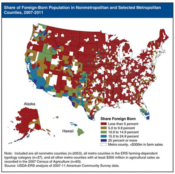 With the exception of California, parts of Washington, and a few other border states, not many immigrants live outside of urban areas. (Map via USDA)