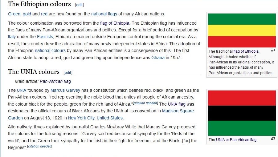 Wikipedia entry describing a contrast of Ethiopian flag vs UNIA flag based Pan-Afrian colors.(Photo credit Wikimedia Commons. 