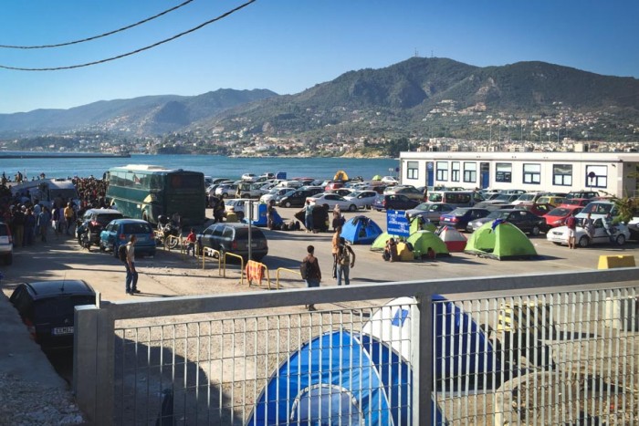Migrants camped out in the Port of Mytilini, on the Greek island of Lesbos, which is receiving 2,000-3,000 new migrants each day. (Photo by Jennifer Lynne Butte-Dahl)