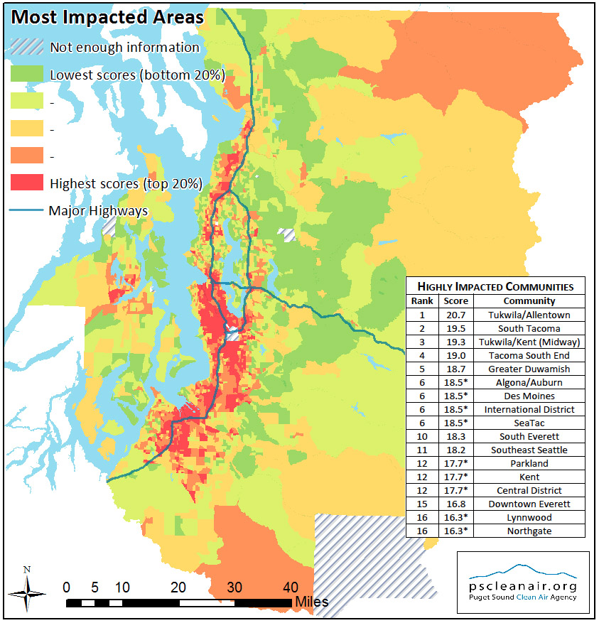 The Puget Sound Clean Air Agency released a report in 2014 on the most highly impacted communities in the Puget Sound area. (Graphic by the Puget Sound Clean Air Agency.)