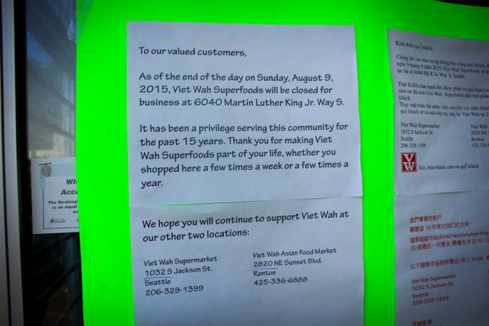 The notice posted on the doors of Viet Wah Superfoods on MLK, explaining that the store would be permanently closed. (Photo by Goorish Wibneh)