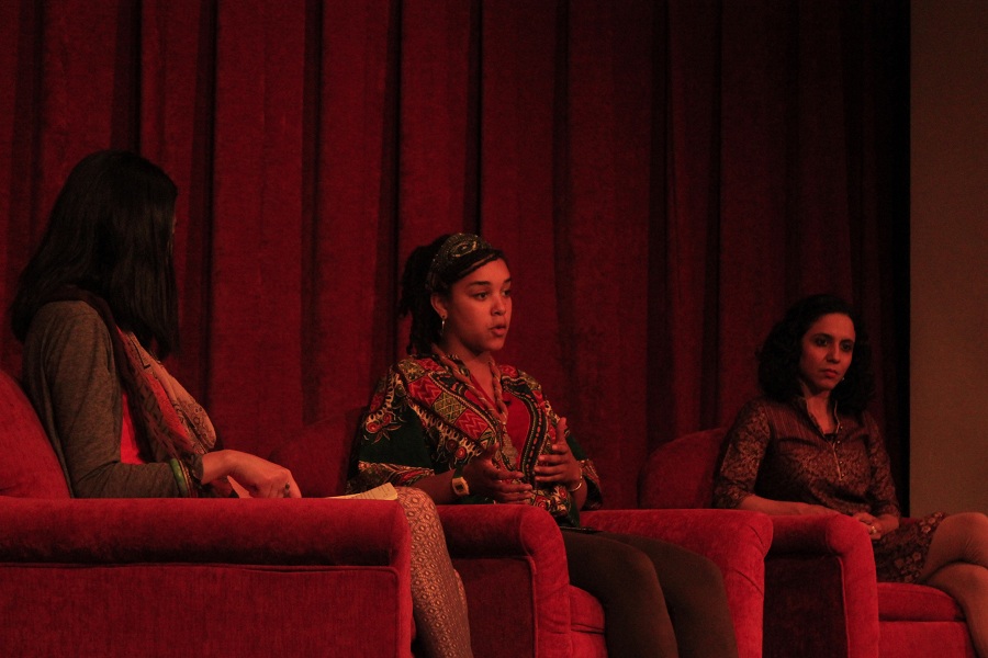 Women of Color Speak Out at Town Hall, from left to right: Yu, Tekola, Sopariwala.(Photo by Goorish Wibneh)