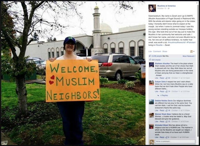 This photo of Chris Welton showing her support outside MAPS in Redmond went viral and resulted in her recieving thousands of positive email messages.