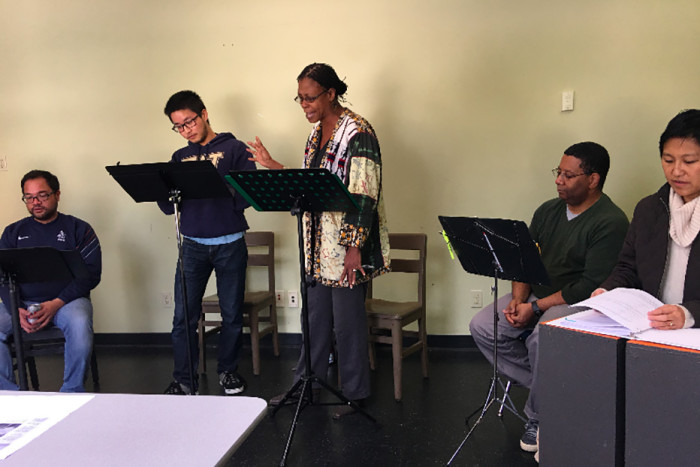 The cast rehearsing "The Brothers Paranormal." From left to right, Manual Cawaling, Kevin Lin, Selena Whitaker-Paquiet, Bob Williams and Mariko Kita. Not shown: Anna Saephan. Photo courtesy of Pork Filled Productions.
