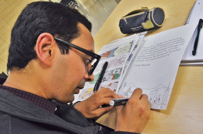 Comic Artist Krish Raghav adds color to a sketch that he plans to submit to the upcoming comic festival, Short Run. Having lived and traveled in cities around the world, Raghav narrates his travels and gives journalistic insight into the everyday lives within different cities in his comics. (Photo by Varisha Khan)