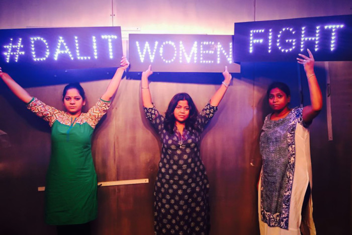 Members of the #DalitWomenFight tour, from left, Anjum Singh, Sanghapali Aruna Lohitakshi and Asha Kowtal. The tour, which is raising awareness of caste-based violence and rape in India, made three stops in Seattle last week. (Photo by Thenmozhi Soundararajan, #Dalitwomenfight)