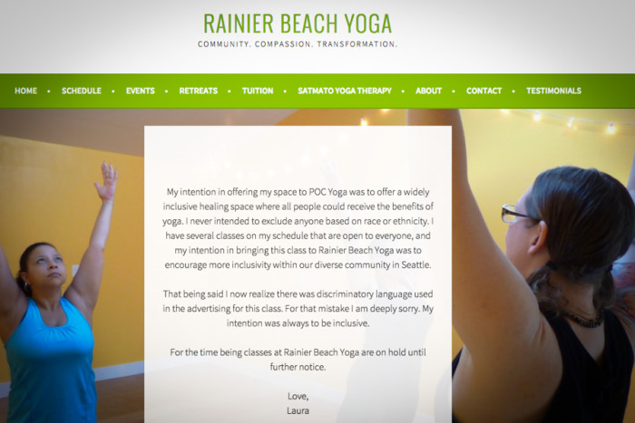 A screenshot of Rainier Beach Yoga's website on Monday. "My intention was always to be inclusive," the owner wrote. (Screenshot of Rainier Beach Yoga.)