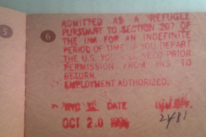 The stamp in Irina Vodonos' Soviet passport indicating she was admitted to the U.S. as a refugee. (Photo by Irina Vodonos.) 