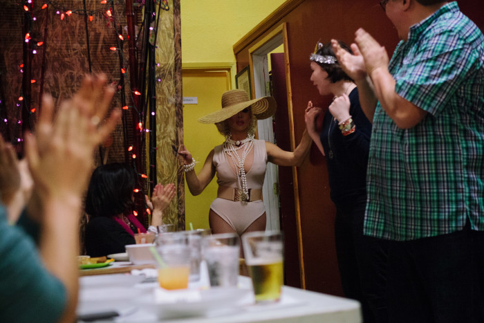 Drag queen Atasha Manila makes an entrance at her final show Friday, January 29, 2016 at Inay’s Asian Pacific Cuisine in Beacon Hill. (Photo by Jovelle Tamayo.)