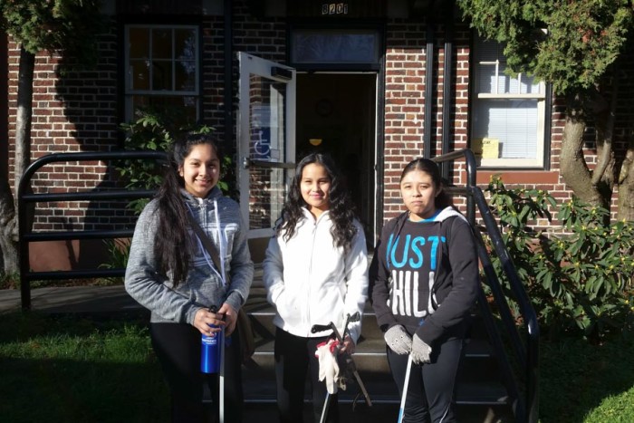 Camila Cano, Daisy Cortez, and Reina Angel, outside the South Park Neighborhood Center where their Duwamish Valley Youth Corps classes are held. (Photo by Barbara Clabots)