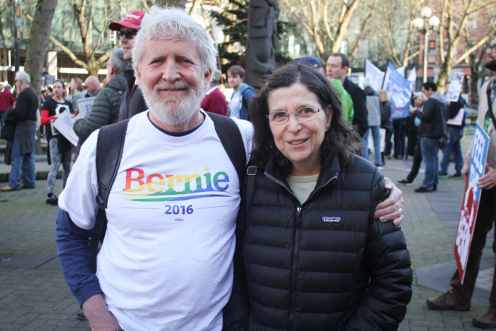 John Shaw and Marlene Koltin at Occidental Park for the beginning of the "March for Bernie 2" on Saturday. (Photo by Sharayah Lane)