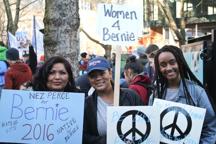 Sanders supporters gather at Occidental Park before the "March for Bernie 2"on Saturday. (Photo by Sharayah Lane)