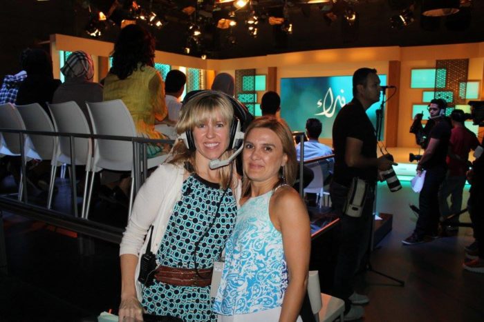 Producer Suzanne Hayward and another staffer on the set of the "Nida'a" show, an Arab-world talk show. (Photo courtesy Suzanne Hayward.)