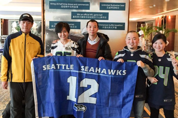 Mariah Zhao (second from left) and other members of a Chinese 12th man meet up group muster smiles after watching the Seahawks Super Bowl loss in 2015. (Courtesy photo)