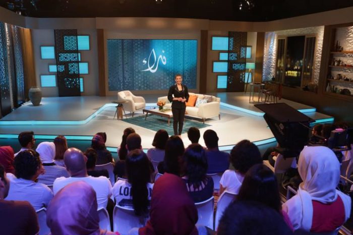 Host Zainab Salbi on the set of Nida'a, an Arab world talk show. (Photo via Facebook.