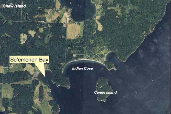 Aerial photo of Squaw Bay with the proposed name change of Sq'emenen Bay. (Photo illustration by the Washington Department of Natural Resources.)