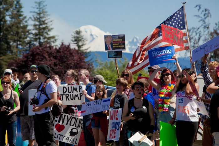 Hundreds of protestors demonstrated at Republican presidential candidate Donald Trump’s rally on May 7, 2016 at the Northwest Washington Fair and Event Center in Lynden, Wash. (Photo by Jovelle Tamayo.)
