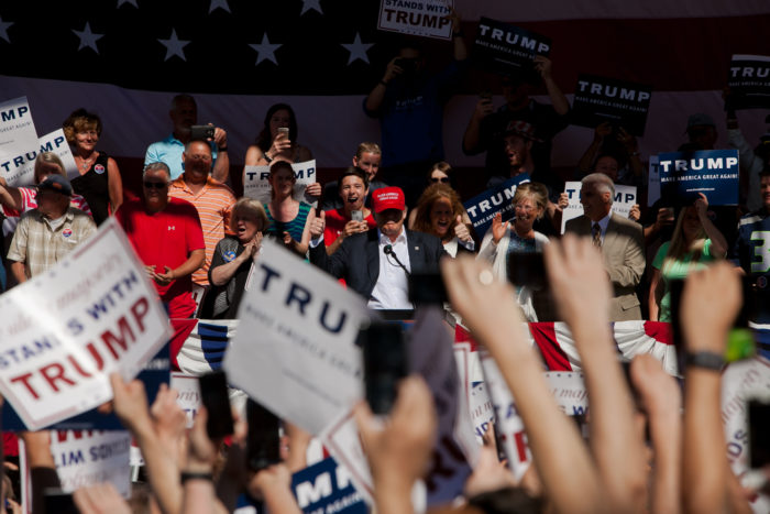 Presumptive Republican presidential nominee Donald Trump speaks to supporters at the Northwest Washington Fair and Event Center on May 7, 2016 in Lynden. (Photo by Jovelle Tamayo.)