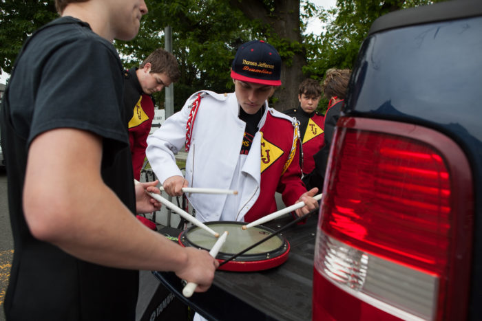 Members of the Thomas Jefferson High School drumlins prepare to compete at Garfield High SchoolÕs 8th Annual Bulldog Drumline Expo (BDX) on Saturday, May 28, 2016 at the high schoolÕs gymnasium. The Garfield High School BDX is the largest drumline competition in Washington State. (Photo by Jovelle Tamayo)